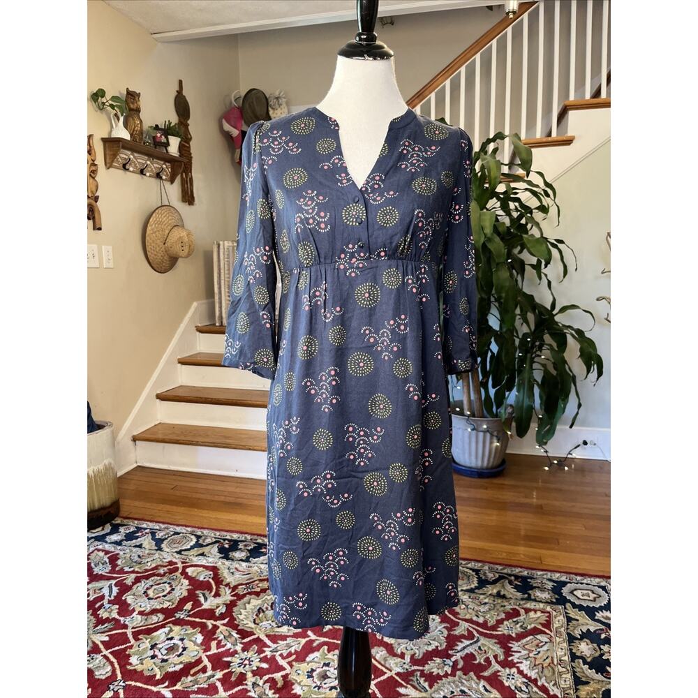 BODEN Navy Blue Floral Sunburst V-Neck Button Midi Dress | Size 6 R Lined Boho